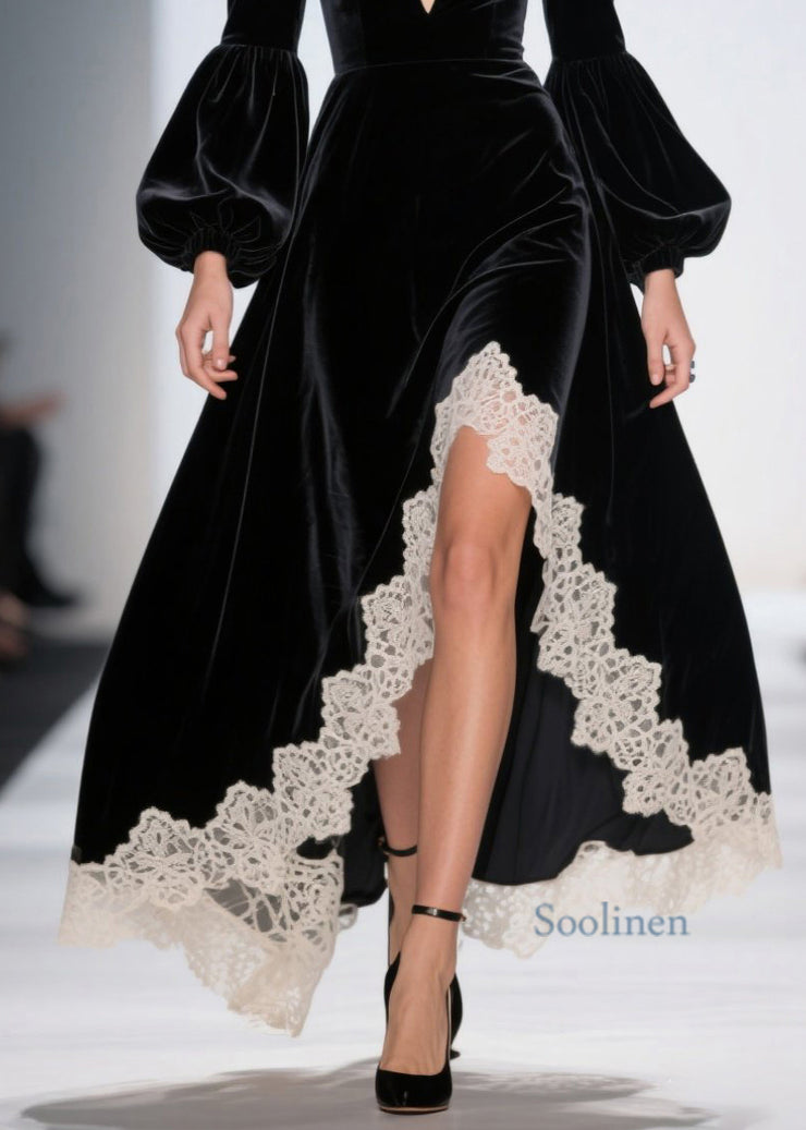 French Black Asymmetrical Lace Patchwork Velvet Dresses Fall