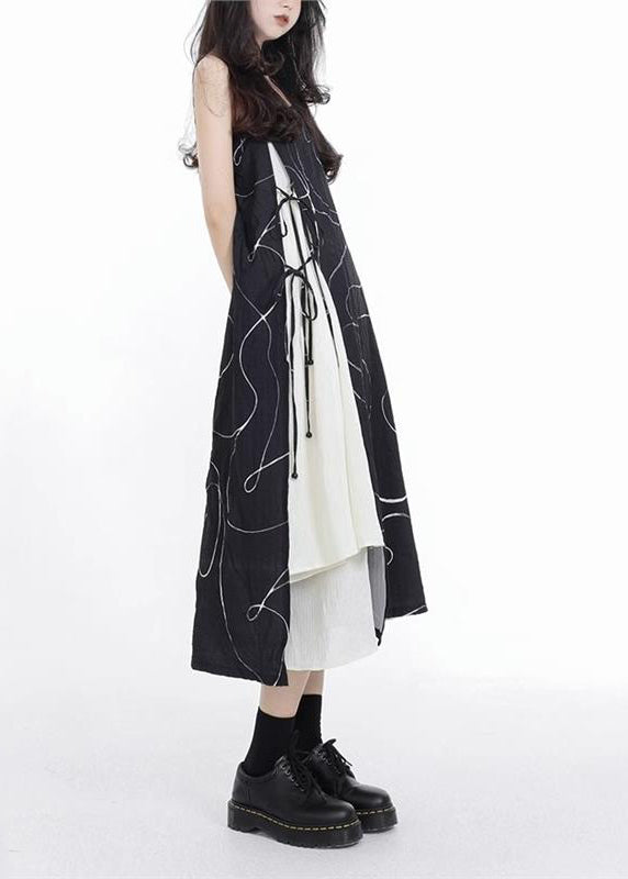 French Black Asymmetrical Lace Up Patchwork Cotton Spaghetti Strap Dress Sleeveless