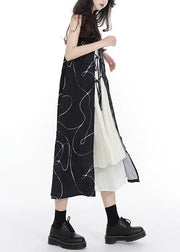 French Black Asymmetrical Lace Up Patchwork Cotton Spaghetti Strap Dress Sleeveless