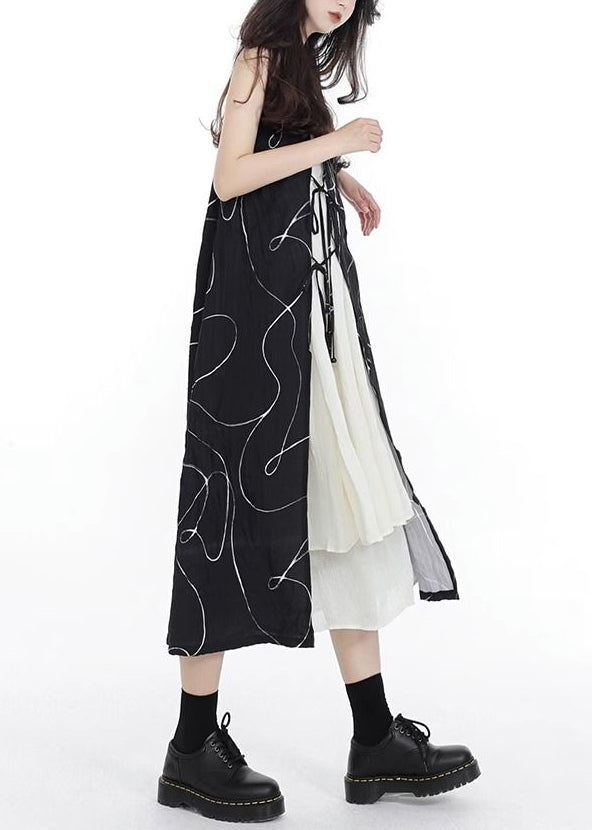 French Black Asymmetrical Lace Up Patchwork Cotton Spaghetti Strap Dress Sleeveless