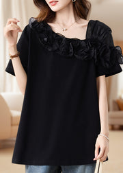French Black Asymmetrical Patchwork Ruffles Blouse Top Summer