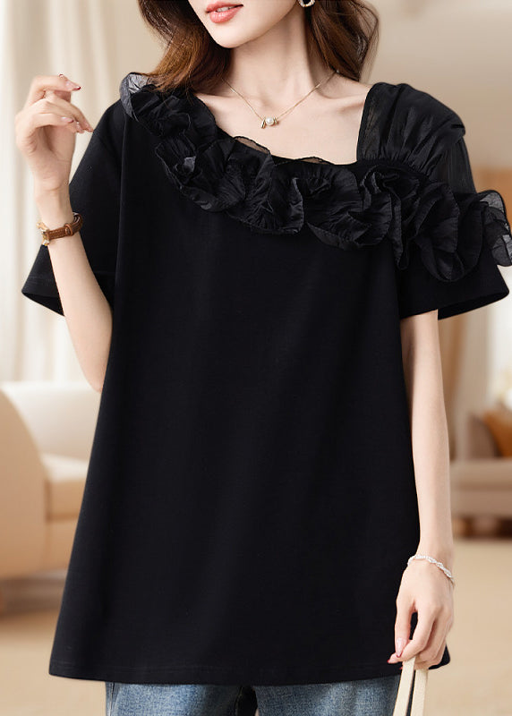 French Black Asymmetrical Patchwork Ruffles Blouse Top Summer