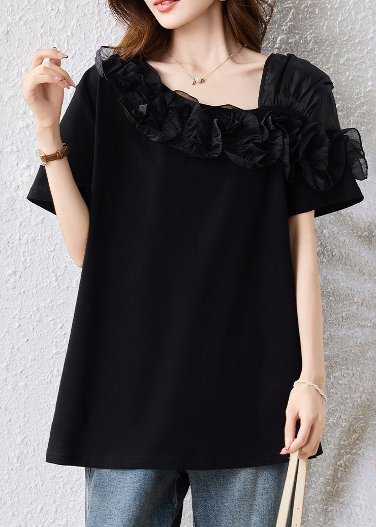 French Black Asymmetrical Patchwork Ruffles Blouse Top Summer