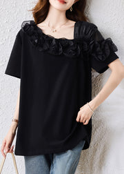 French Black Asymmetrical Patchwork Ruffles Blouse Top Summer