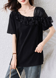 French Black Asymmetrical Patchwork Ruffles Blouse Top Summer