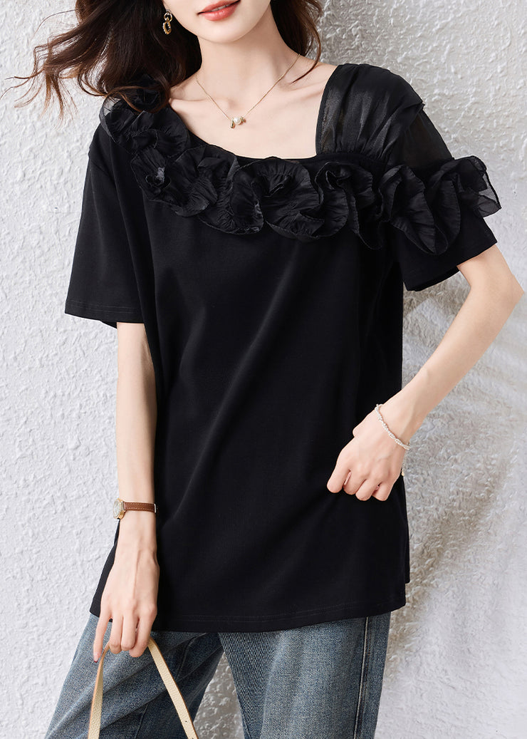 French Black Asymmetrical Patchwork Ruffles Blouse Top Summer