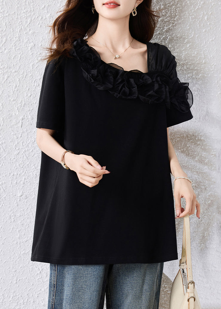 French Black Asymmetrical Patchwork Ruffles Blouse Top Summer