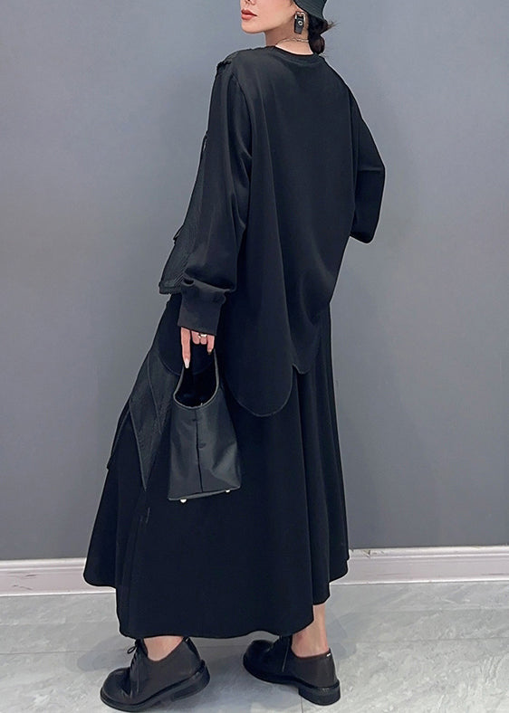 French Black Asymmetrical Pockets Patchwork Cotton Two Pieces Set Fall