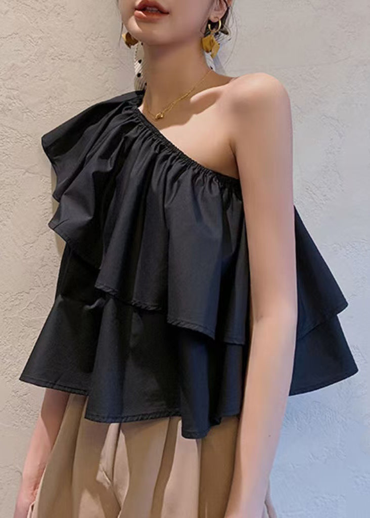 French Black Asymmetrical Ruffled Cotton Blouses Sleeveless