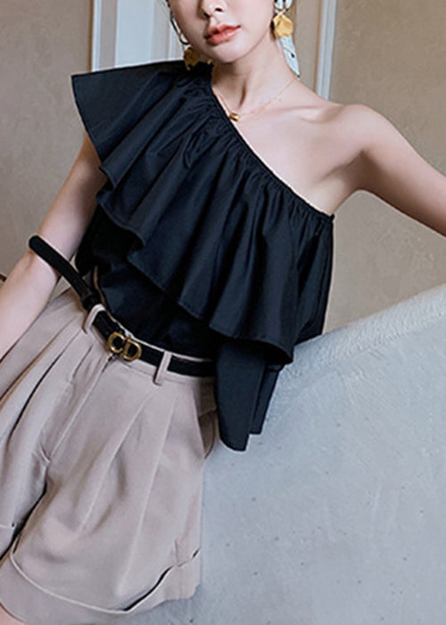 French Black Asymmetrical Ruffled Cotton Blouses Sleeveless