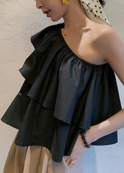 French Black Asymmetrical Ruffled Cotton Blouses Sleeveless