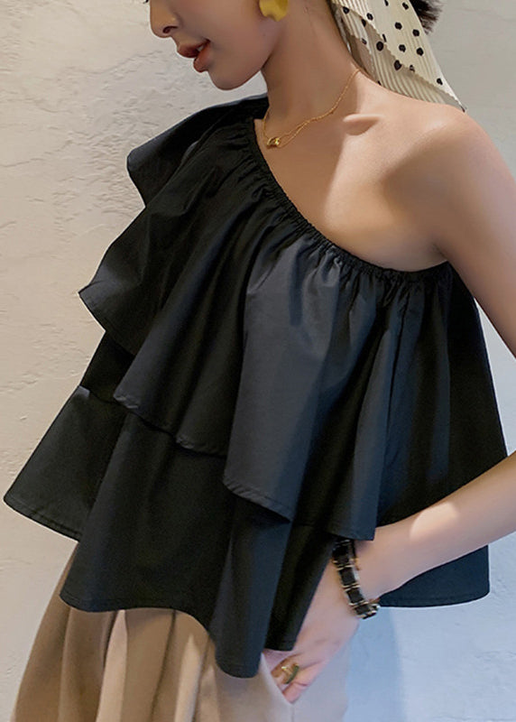 French Black Asymmetrical Ruffled Cotton Blouses Sleeveless
