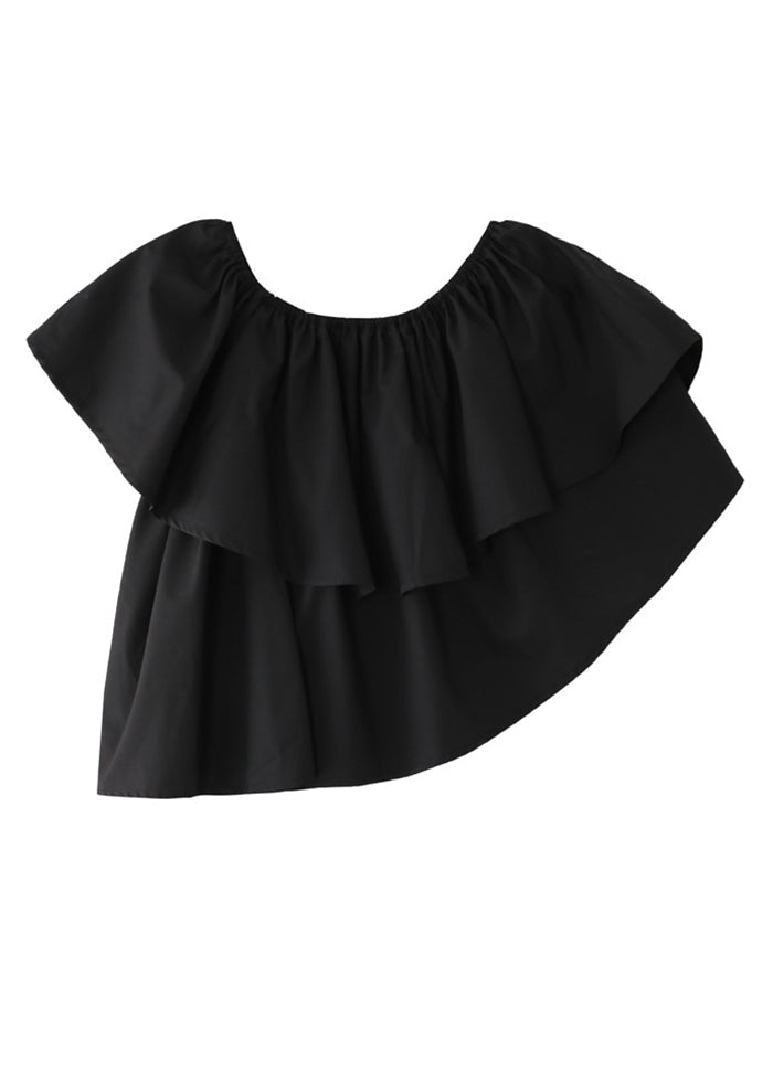 French Black Asymmetrical Ruffled Cotton Blouses Sleeveless