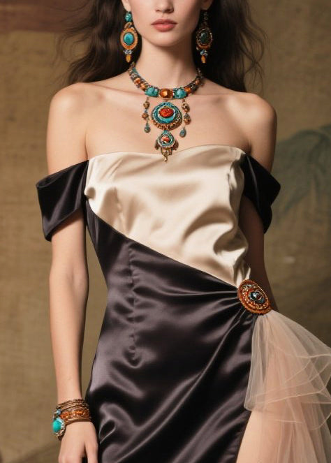 French Black Backless Patchwork Side Open Silk Vacation Dresses Summer