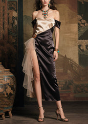 French Black Backless Patchwork Side Open Silk Vacation Dresses Summer
