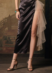 French Black Backless Patchwork Side Open Silk Vacation Dresses Summer