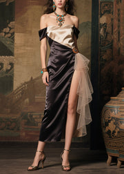 French Black Backless Patchwork Side Open Silk Vacation Dresses Summer