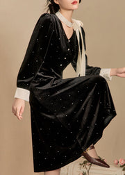 French Black Bow Dot Silk Velvet Long Dress Winter