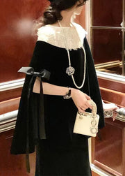 French Black Bow Lace Patchwork Silk Velour Blouses Cloak Sleeves