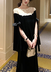 French Black Bow Lace Patchwork Silk Velour Blouses Cloak Sleeves
