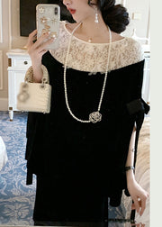 French Black Bow Lace Patchwork Silk Velour Blouses Cloak Sleeves