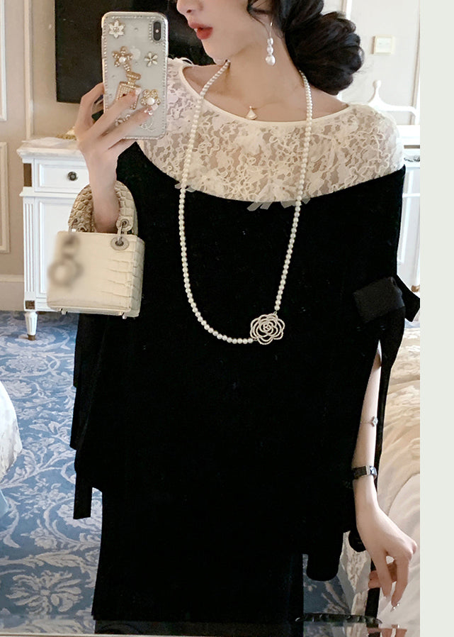 French Black Bow Lace Patchwork Silk Velour Blouses Cloak Sleeves