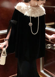 French Black Bow Lace Patchwork Silk Velour Blouses Cloak Sleeves