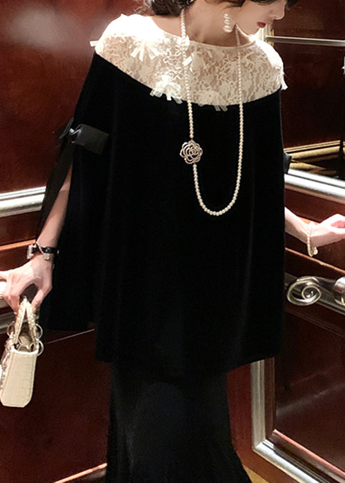 French Black Bow Lace Patchwork Silk Velour Blouses Cloak Sleeves