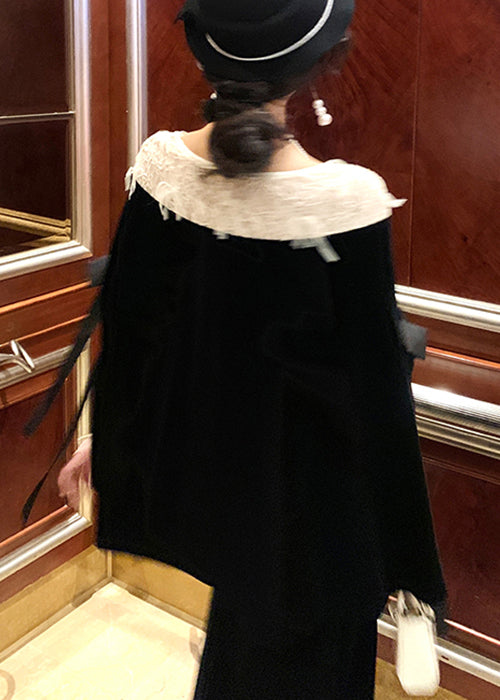 French Black Bow Lace Patchwork Silk Velour Blouses Cloak Sleeves