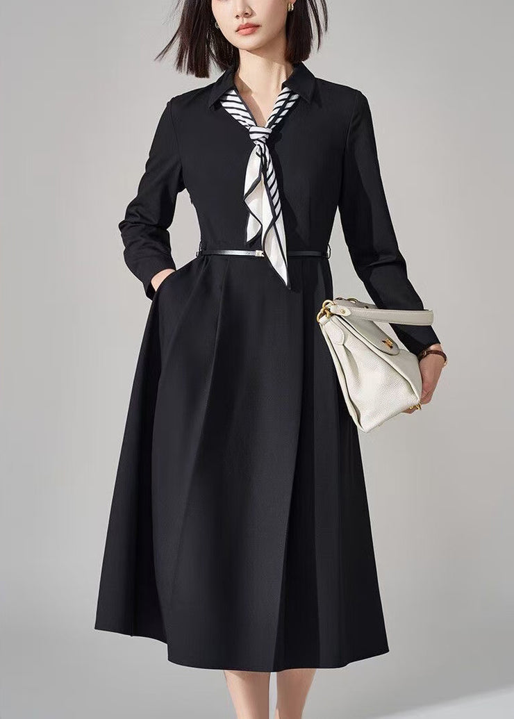 French Black Bow Pockets Sashes Woolen Long Dress Winter