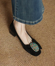 French Black Bow Zircon Splicing Chunky Heel Shoes Suede