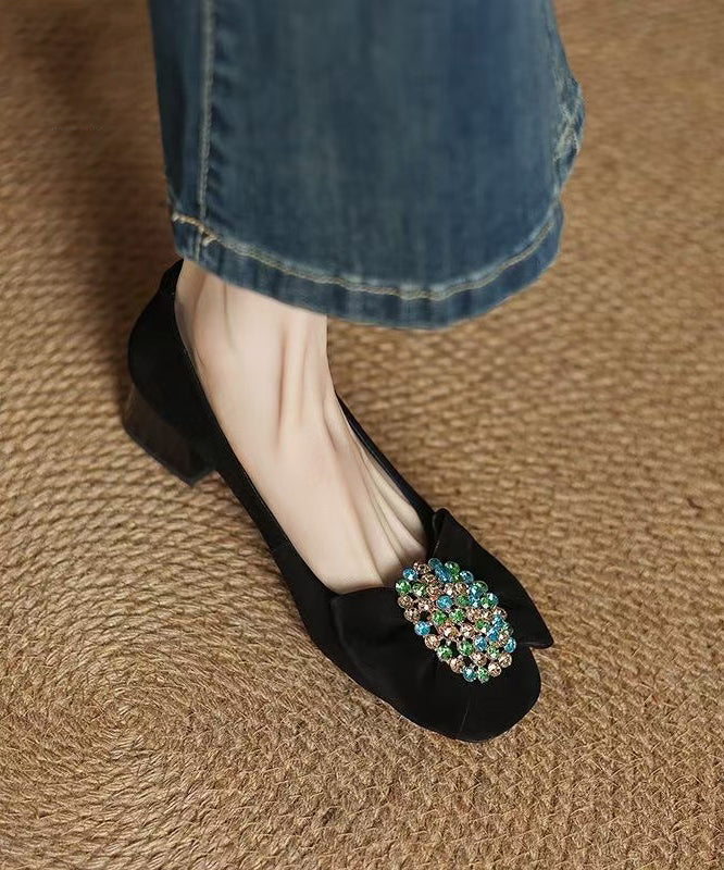 French Black Bow Zircon Splicing Chunky Heel Shoes Suede