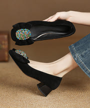 French Black Bow Zircon Splicing Chunky Heel Shoes Suede