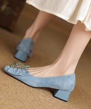 French Black Bow Zircon Splicing Chunky Heel Shoes Suede