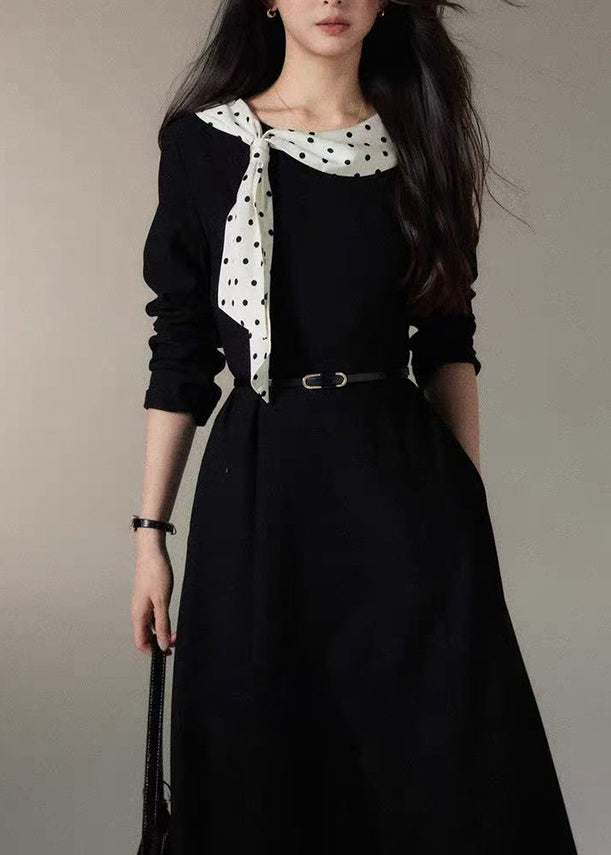 French Black Cinched Patchwork Scarf Cotton Dress Fall