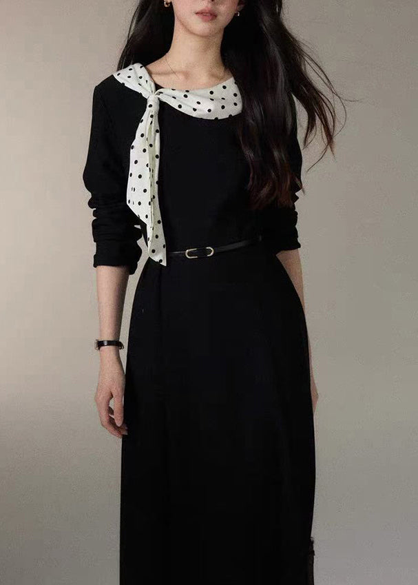 French Black Cinched Patchwork Scarf Cotton Dress Fall