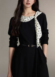 French Black Cinched Patchwork Scarf Cotton Dress Fall