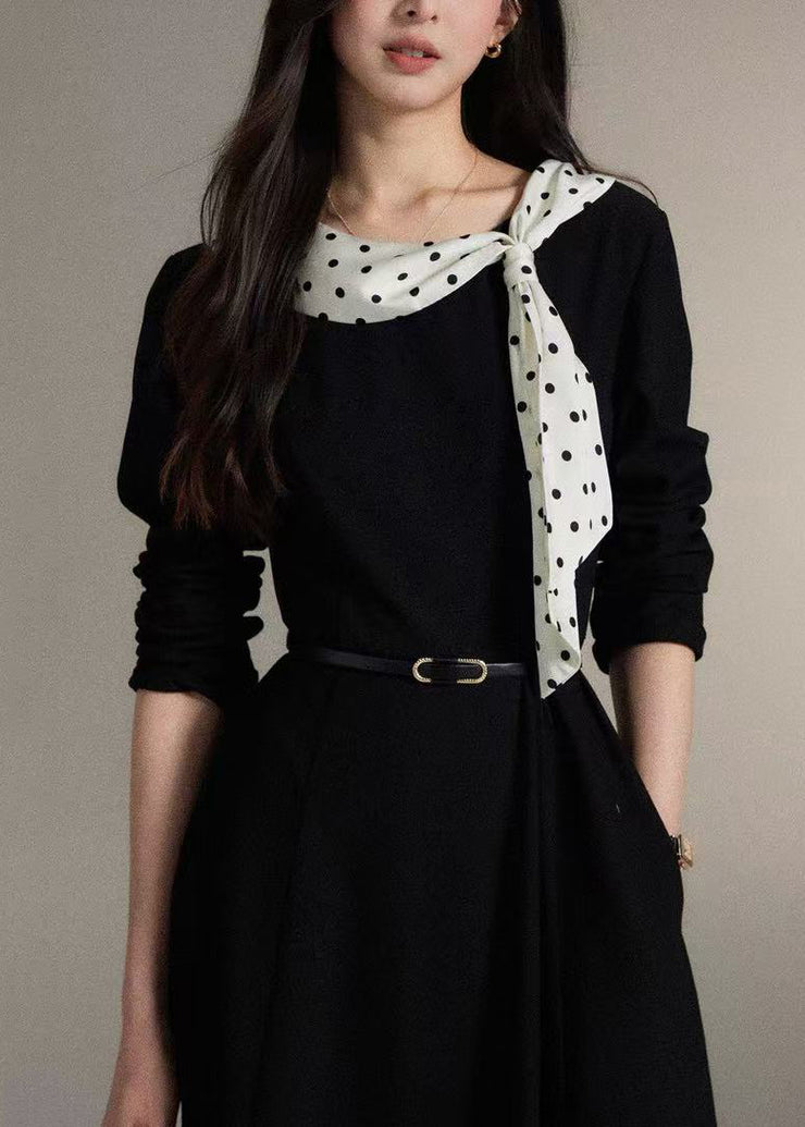 French Black Cinched Patchwork Scarf Cotton Dress Fall
