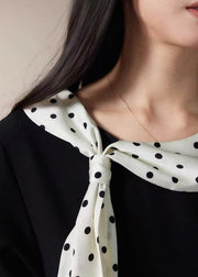 French Black Cinched Patchwork Scarf Cotton Dress Fall