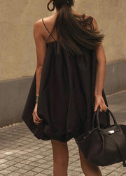 French Black Cotton Spaghetti Strap Dress Summer