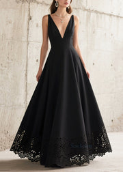 French Black Deep-V Neck Hollow Out Chiffon Long Dresses Summer