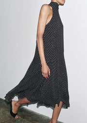 French Black Dot Print Chiffon Long Dress Sleeveless