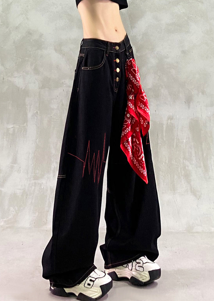 French Black Embroidered Denim Straight Pants Spring