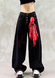 French Black Embroidered Denim Straight Pants Spring