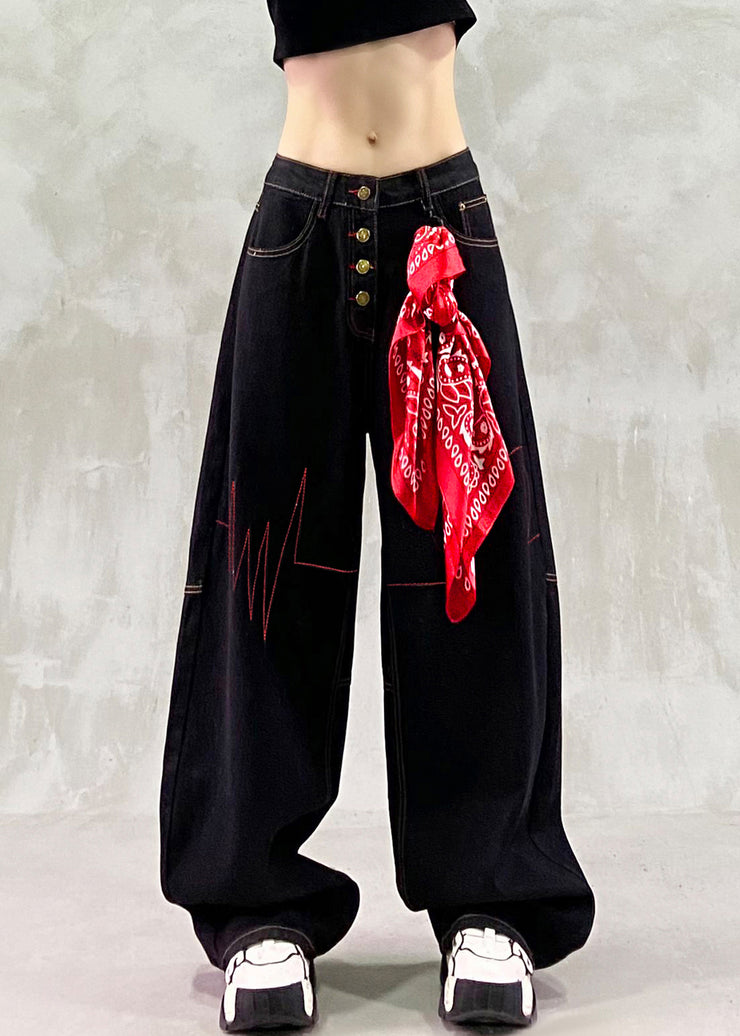 French Black Embroidered Denim Straight Pants Spring