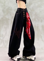 French Black Embroidered Denim Straight Pants Spring