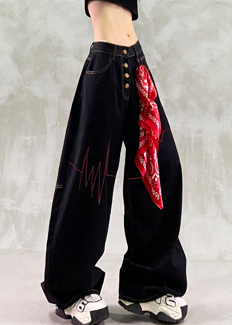 French Black Embroidered Denim Straight Pants Spring