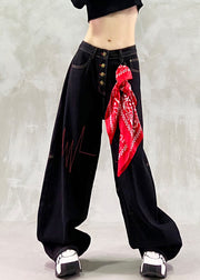 French Black Embroidered Denim Straight Pants Spring