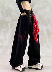 French Black Embroidered Denim Straight Pants Spring