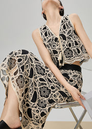 French Black Embroidered Lace Up Tank And Skirts Cotton Two Pieces Set Sleeveless